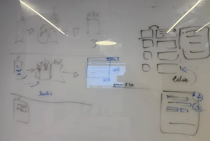 Whiteboard: source text split into clips and assembled into a video, with a clip list and edit panel