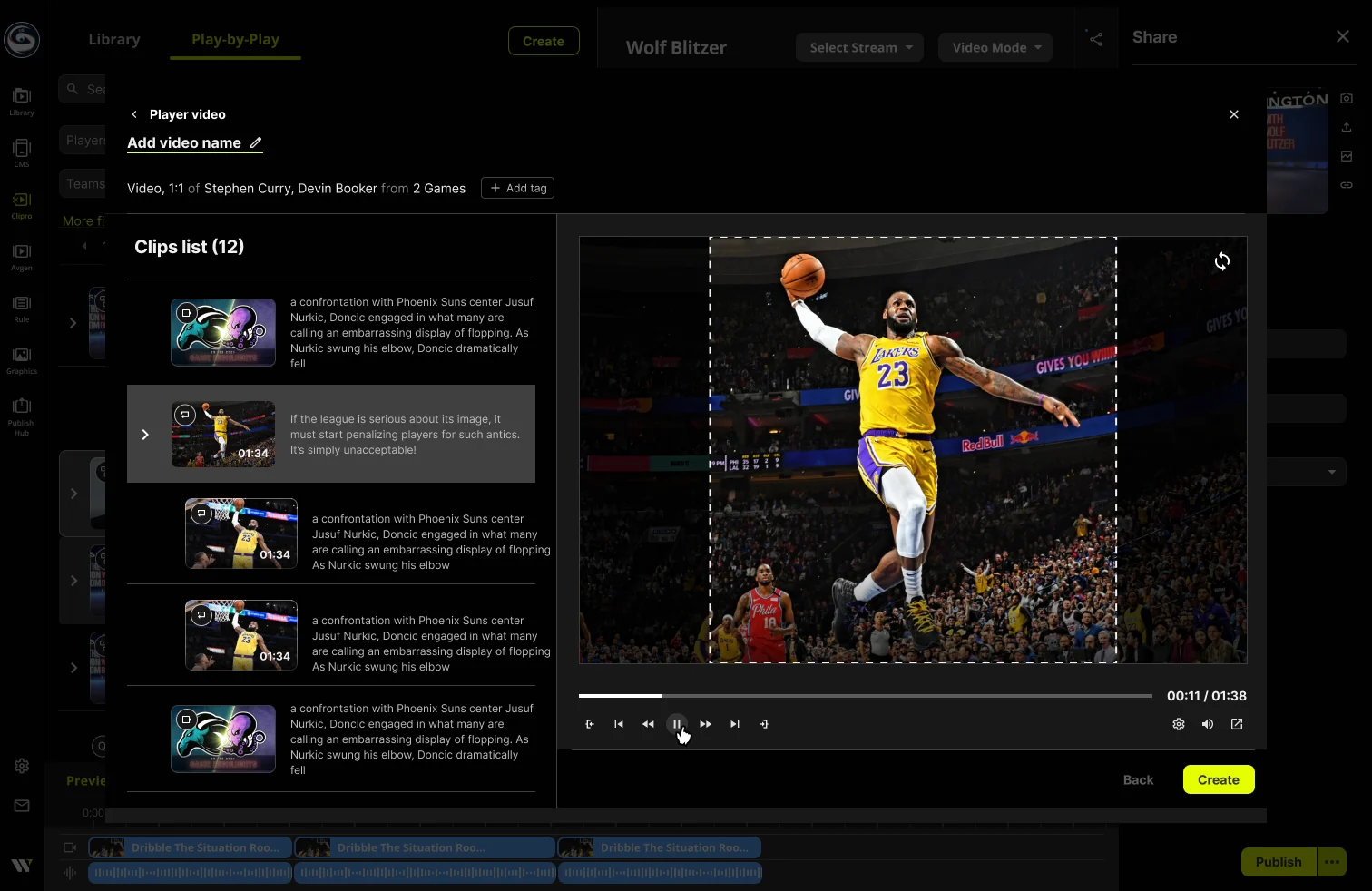 A2V review step: a clips list generated from the article, each clip matched to a sentence, next to the video player