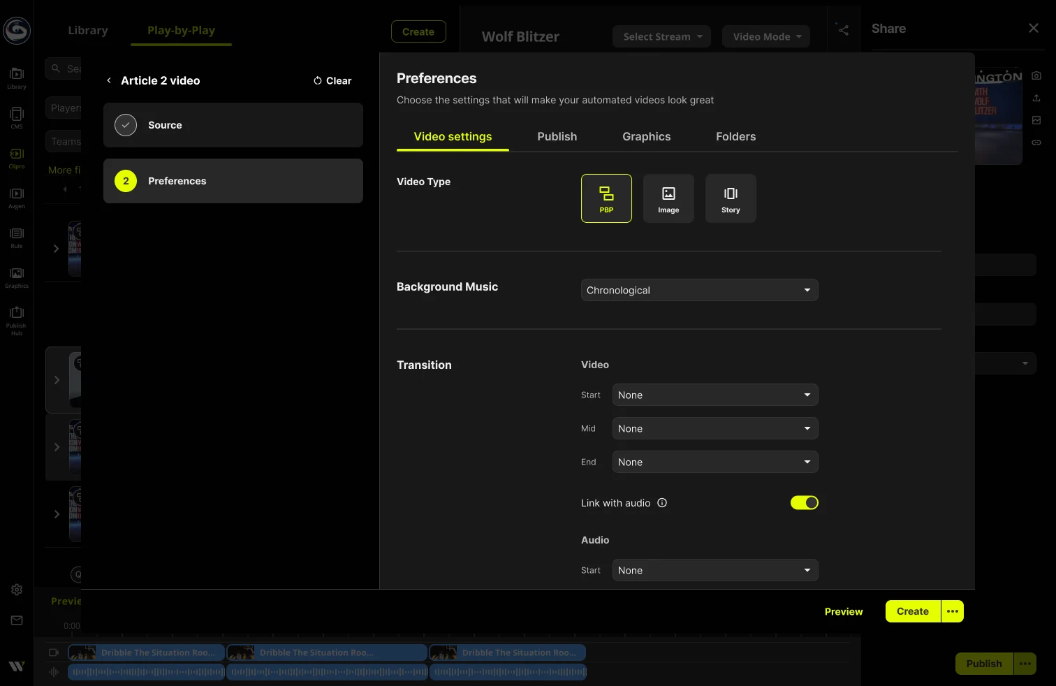 Preferences, Video settings: video type PBP, Image or Story, background music, and start, mid and end transitions