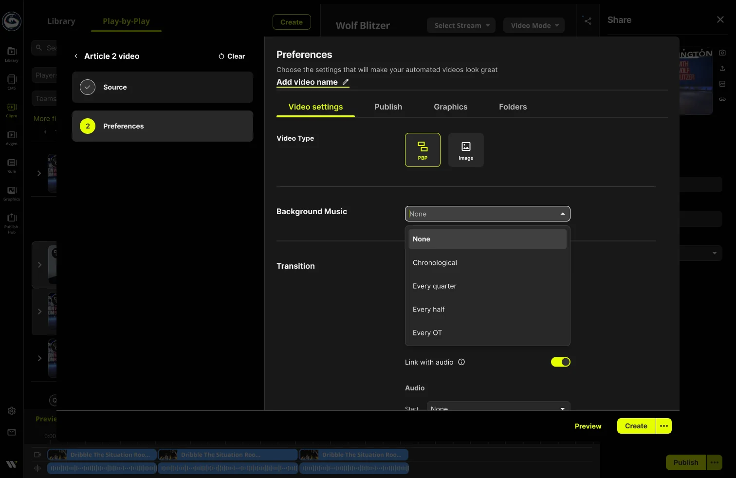 Background music dropdown open with None, Chronological, Every quarter, Every half and Every OT
