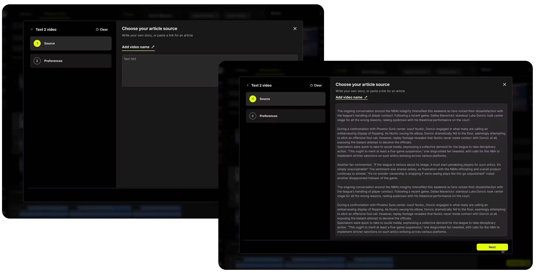 Source step before and after: an empty text field, and the same step filled with an article about the NBA