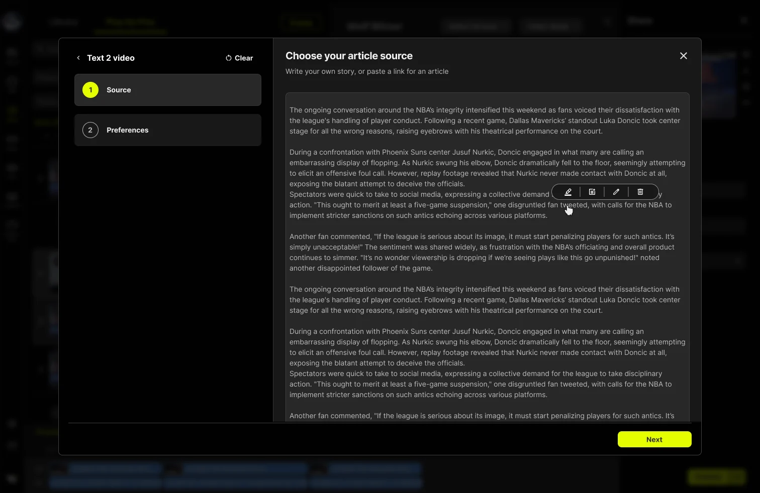 Source step with a hover toolbar over a paragraph: highlight, note, edit and delete