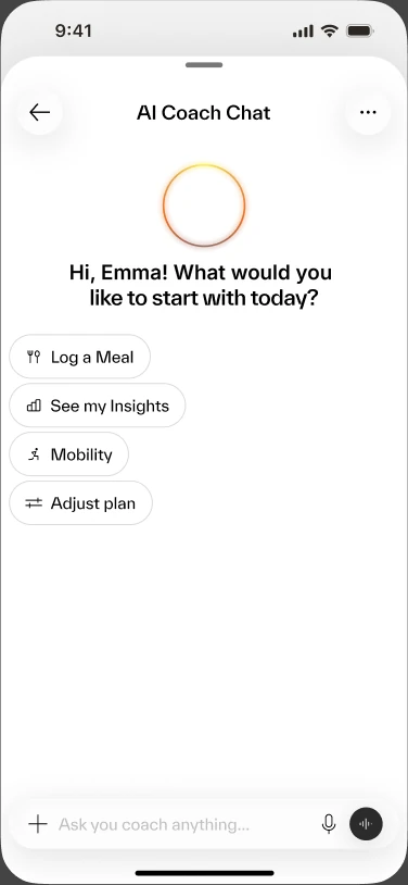 AI Coach Chat for a first-time user: a greeting and four suggested actions