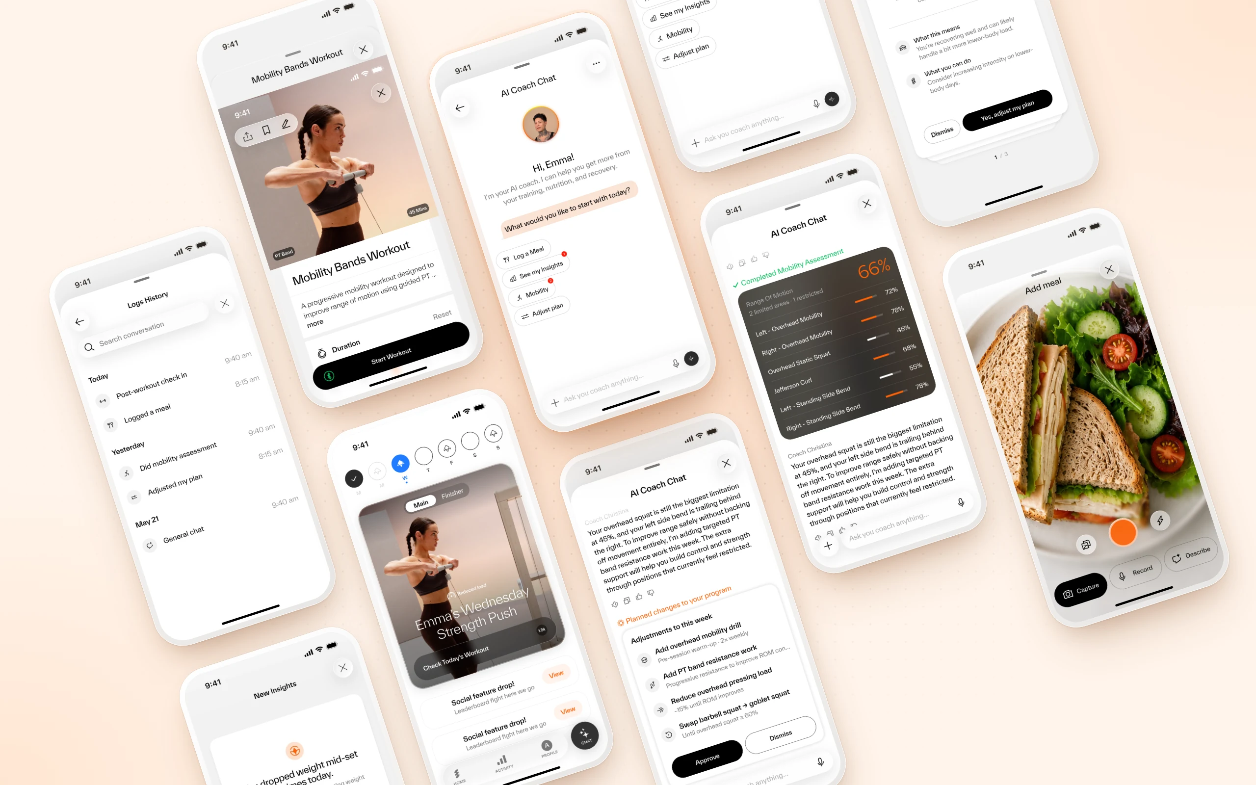 amp AI Coach Chat: the chat flow alongside mobility and nutrition screens