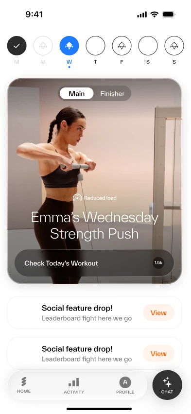 amp Home screen with a dark, floating Chat button at the right of the bottom navigation