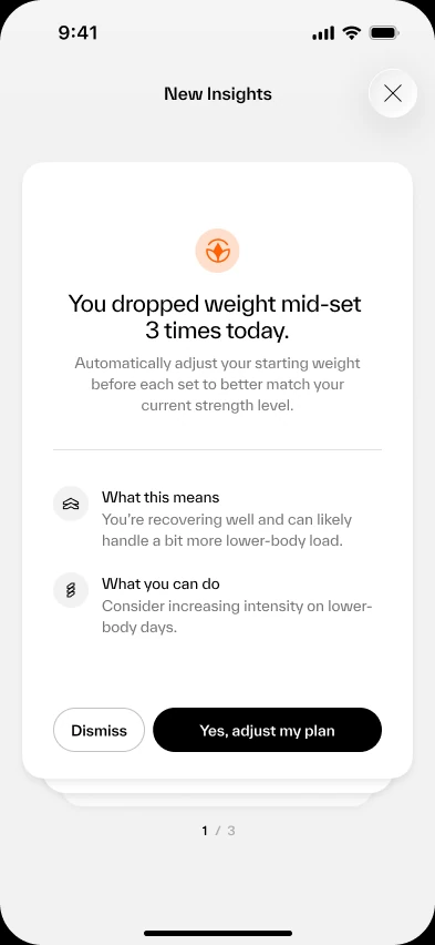 Insight detail card: you dropped weight mid-set 3 times today