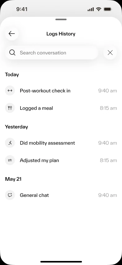 Logs history grouped by Today, Yesterday and earlier dates