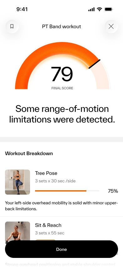 Mobility results: a final score of 79 with range-of-motion limitations and a per-exercise breakdown