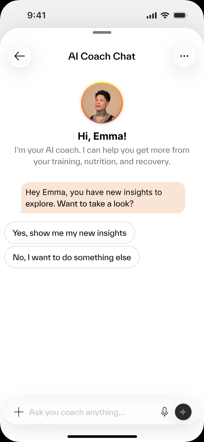 The AI Coach starting the conversation: you have new insights to explore, with Yes and No options