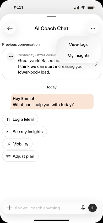 AI Coach Chat for a returning user: a focused preview of the previous conversation above the suggested actions