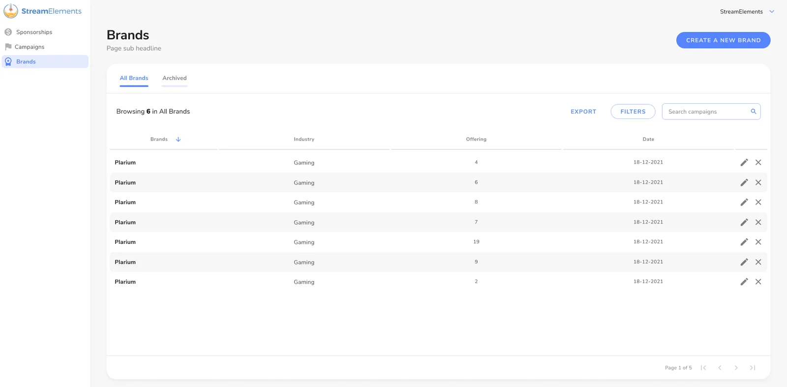 Brands list: brand, industry, number of offerings and date, with all and archived tabs