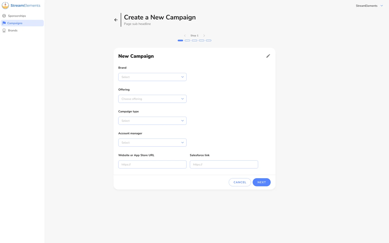 Create a new campaign, step 1 of 5: brand, offering, campaign type, account manager, website or app store URL and Salesforce link