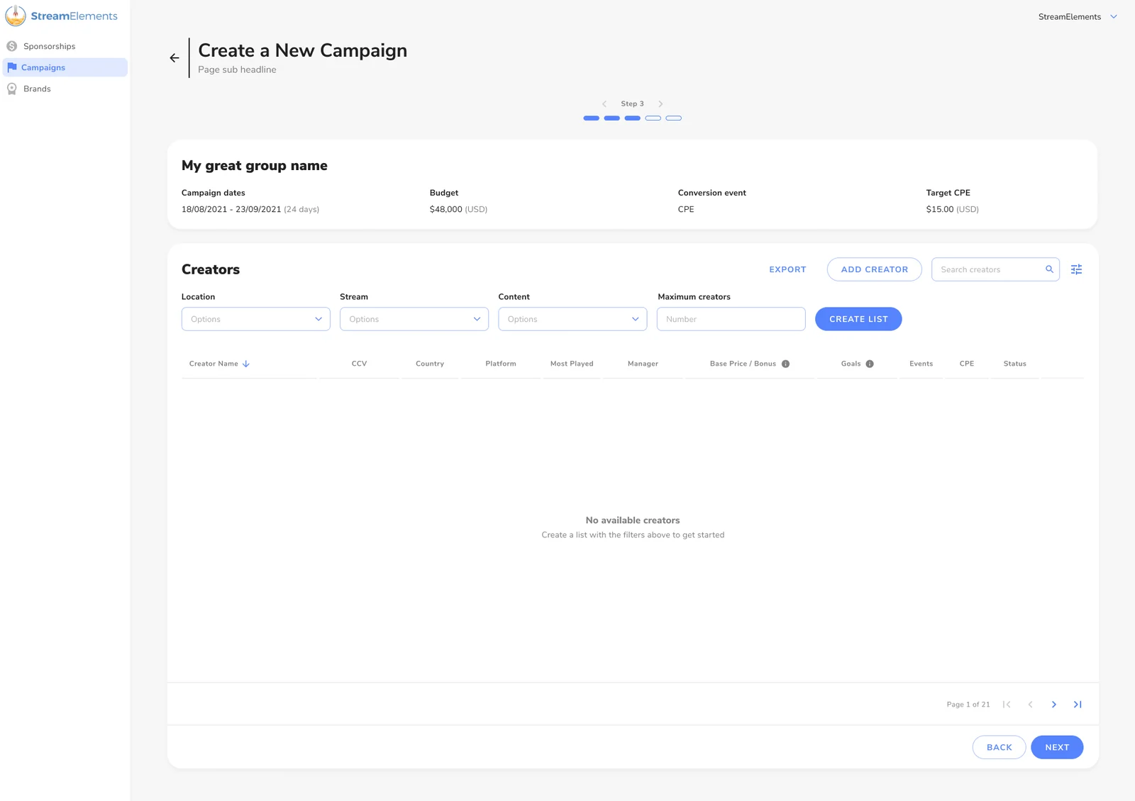 Curation step with group summary and an empty creators table: create a list with the filters above to get started