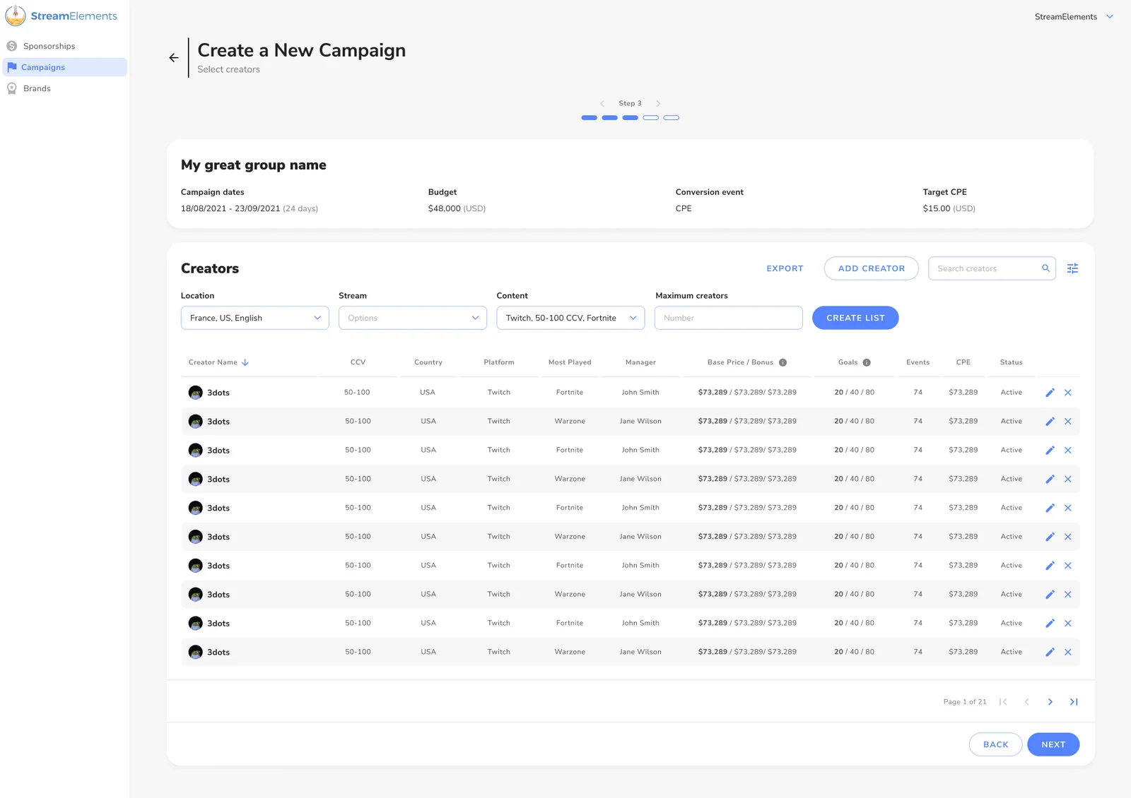 Creators list generated from the filters: CCV, country, platform, most played game, manager, price, goals, events, CPE and status