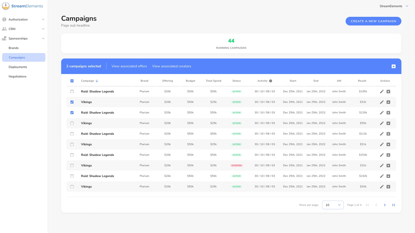 Two campaigns selected, with a bar to view associated offers or associated creators