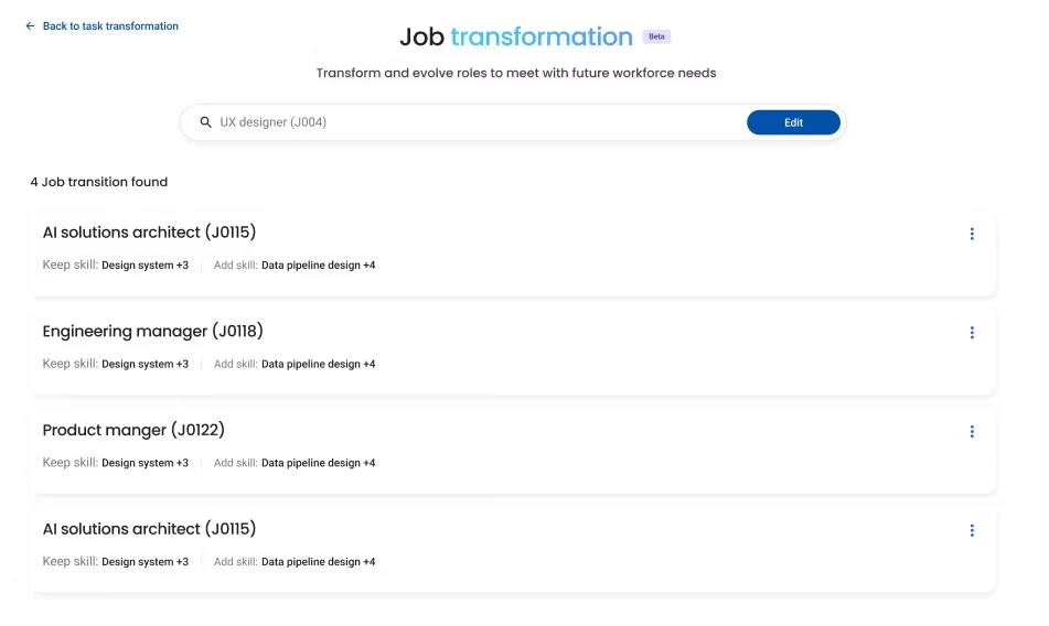 Job transition results for UX designer: four target roles, each with skills to keep and skills to add