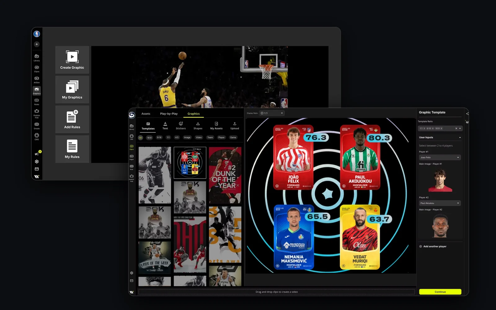The old Graphics home screen behind the new Graphics tab in Studio, with a live four-player template