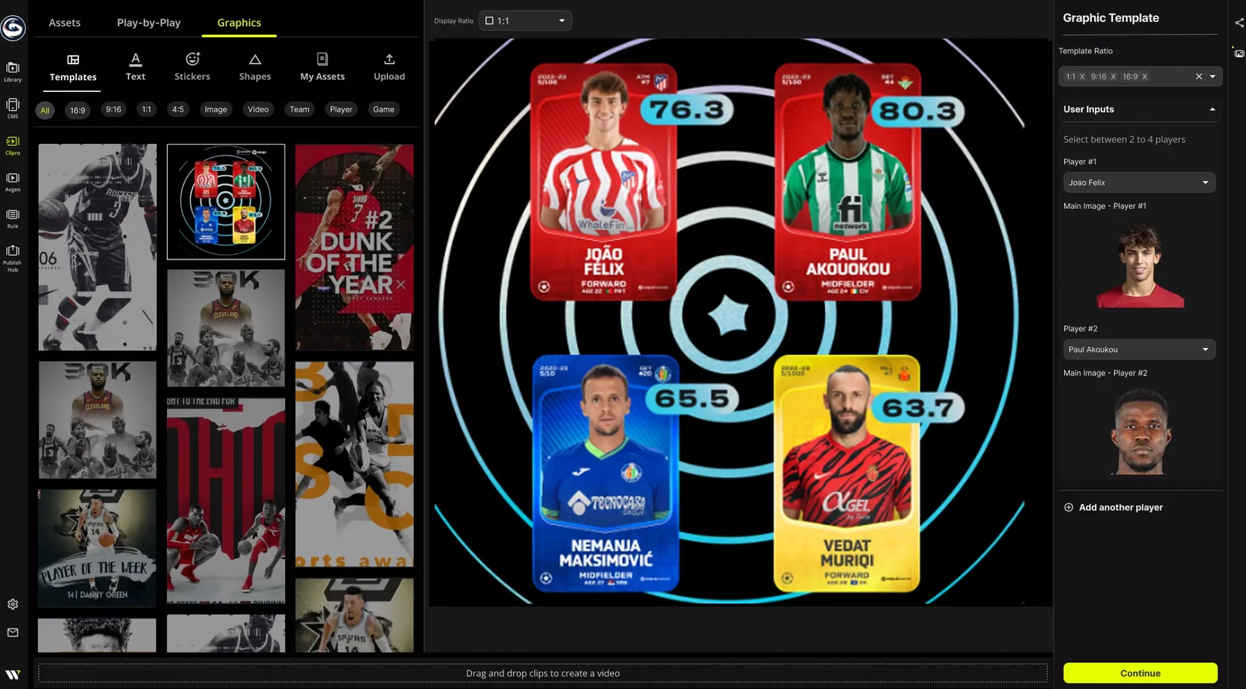 Graphics tab in Studio: a four-player comparison template with live preview, template ratios 1:1, 9:16 and 16:9, and user inputs for each player