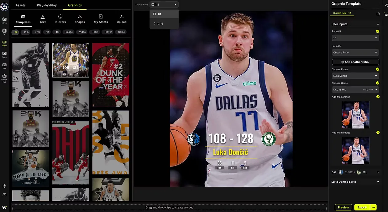 A player stats graphic in 1:1, with a display ratio switcher for 1:1 and 9:16, and a side panel with two ratios, player, game and main images all checked