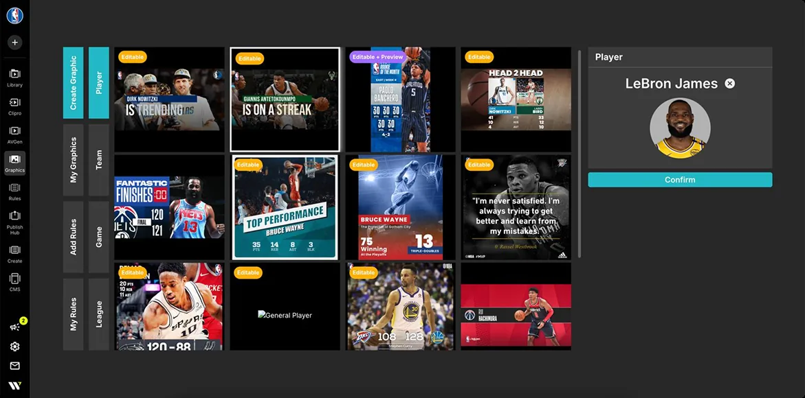 Old template picker: a grid of player templates marked Editable, with a selected player panel and a Confirm button