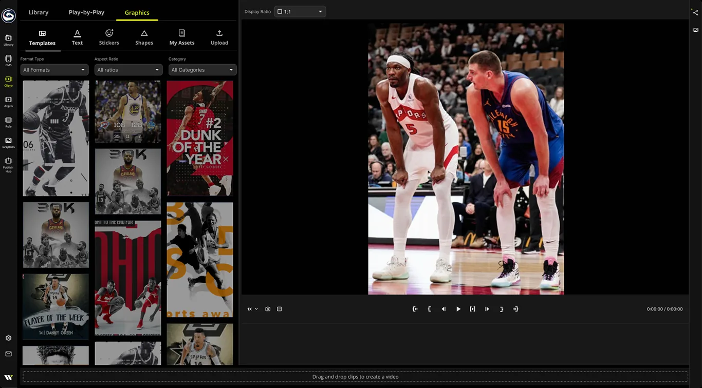 Graphics tab in Studio: template library filtered by format, aspect ratio and category, next to the video canvas