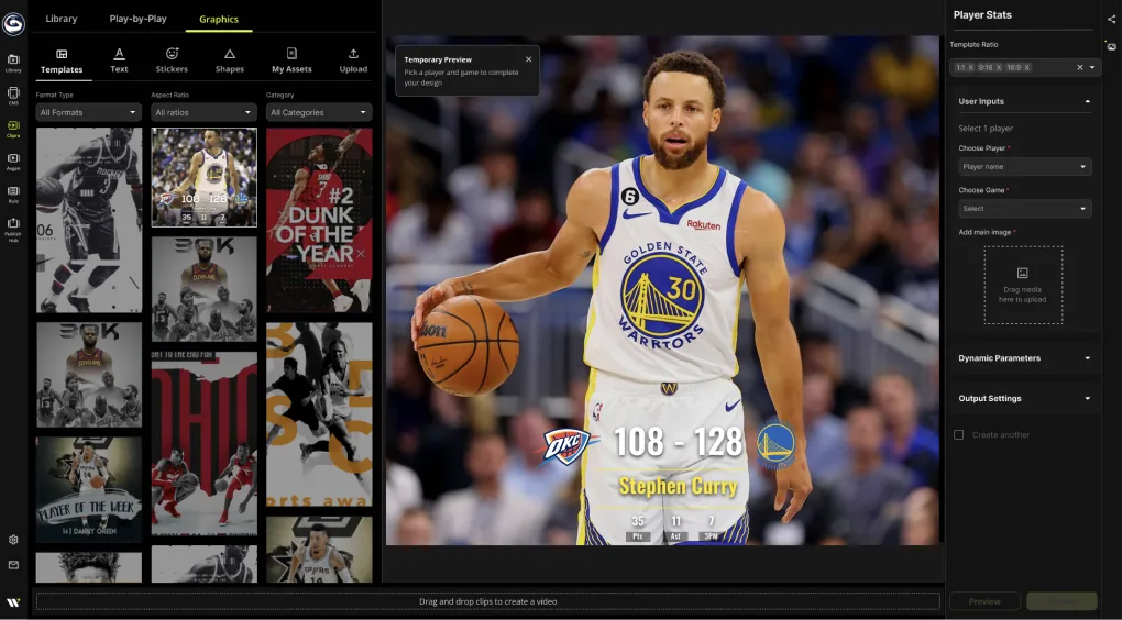 Temporary preview of a Stephen Curry player stats template, with a prompt to pick a player and game, and a side panel for template ratio, user inputs, dynamic parameters and output settings