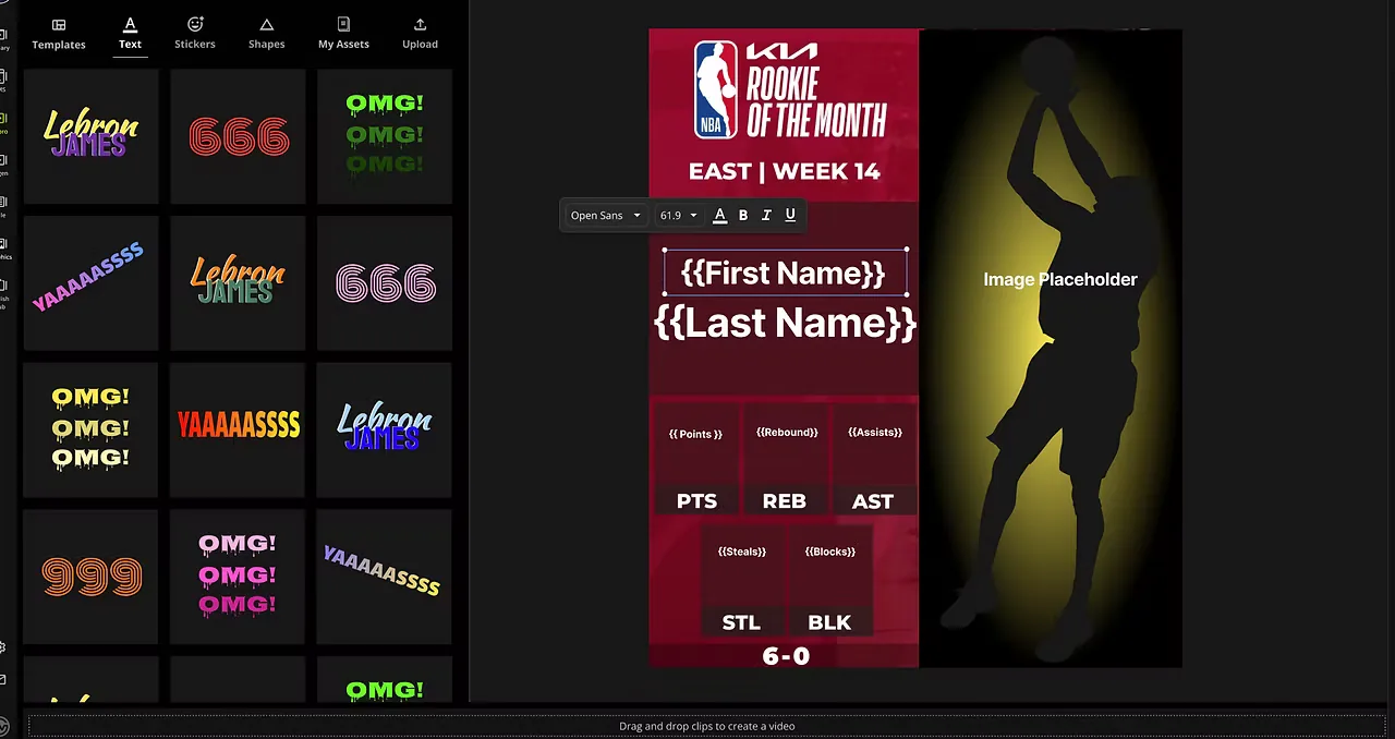 Text panel with styled text presets next to a Rookie of the Month template, with a text toolbar over dynamic name fields