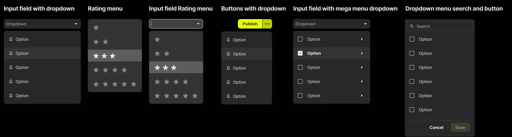 Input fields with dropdowns, rating menus, buttons with dropdown and a searchable menu with actions