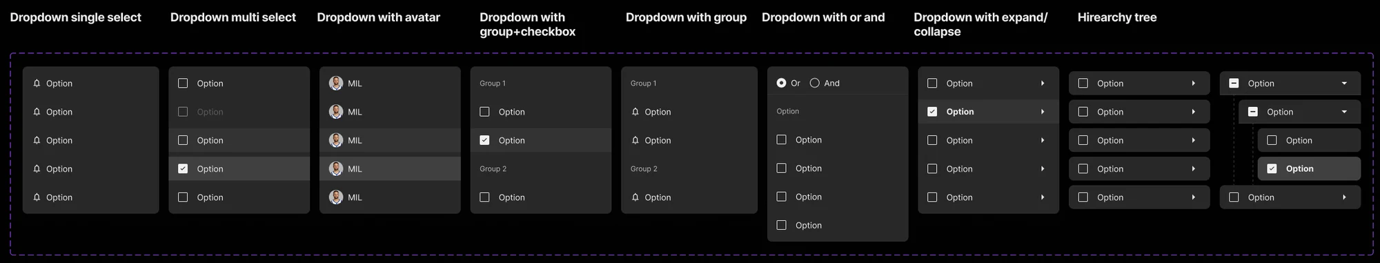 Dropdown types: single select, multi select, with avatar, with groups, with or and and, expand and collapse, and hierarchy tree