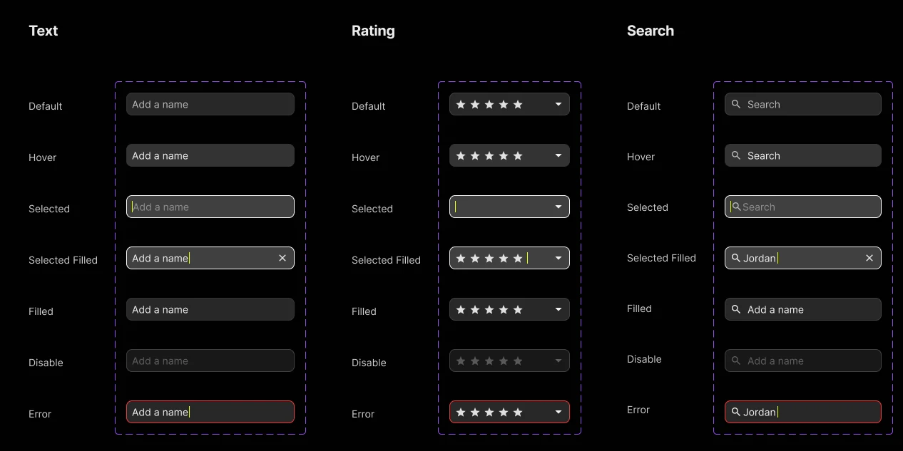 Text, rating and search fields across default, hover, selected, filled, disabled and error states