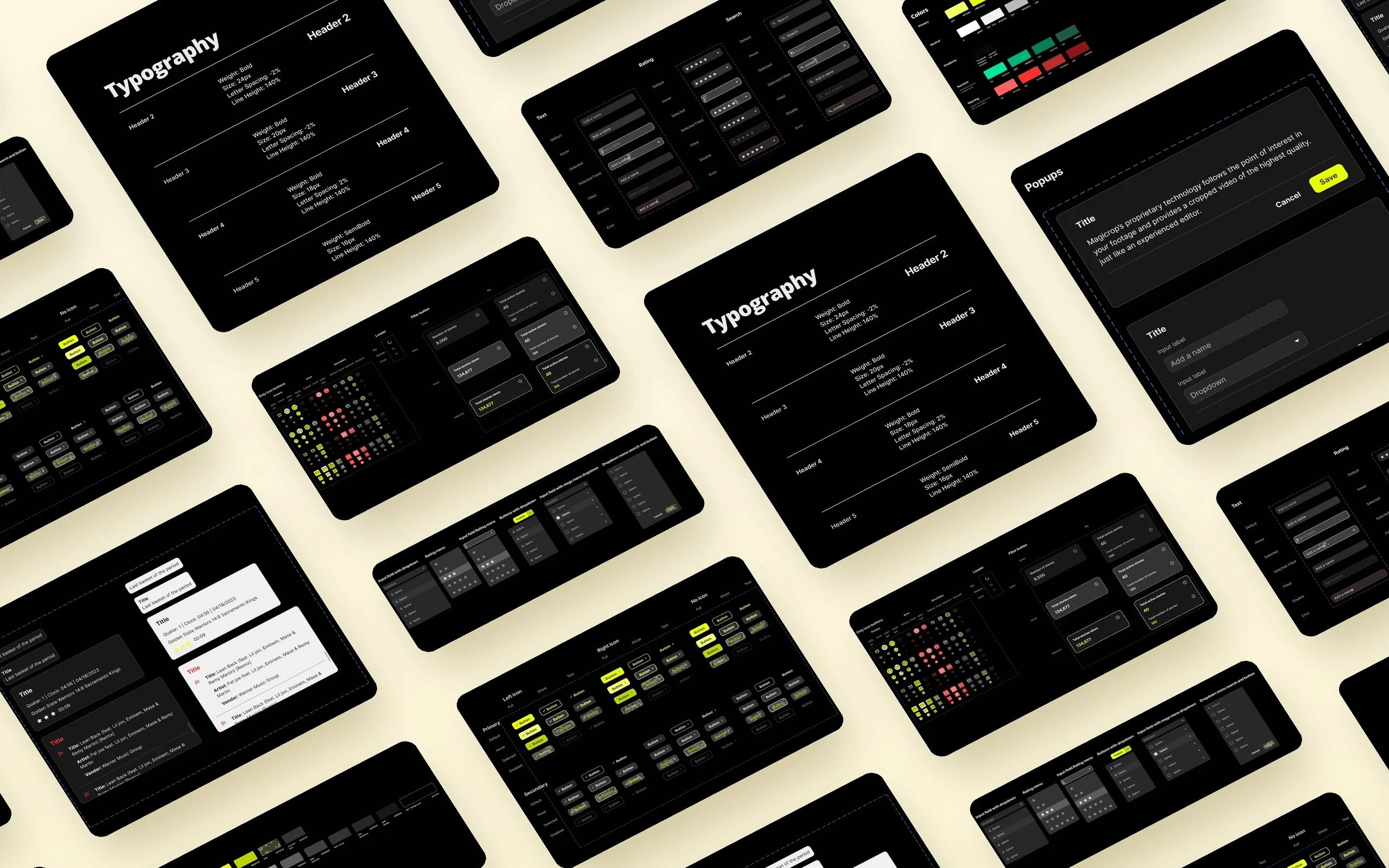 WSC design system: buttons, tooltips, popups, colors, typography and inputs laid out on a pale lime background
