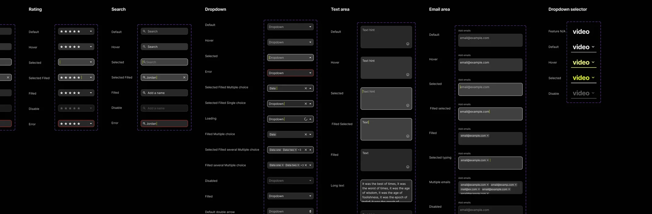 Figma board of input components and their states: rating, search, dropdown, text area, email and dropdown selector