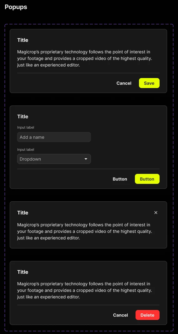 Popup variants: confirm, form, informational and destructive