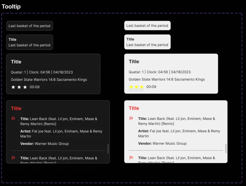 Tooltip family in dark and light: simple, with title, with game data, and rich content